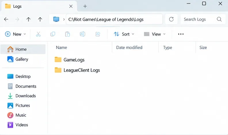 โปรแกรม Windows File Explorer เปิดขึ้นมาที่โฟลเดอร์ Logs ของ League of Legends ตามค่าเริ่มต้น โดยแสดงโฟลเดอร์ GameLogs และ LeagueClient Logs