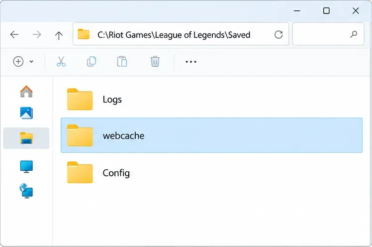โปรแกรม Windows File Explorer แสดงโฟลเดอร์ที่บันทึกไว้ของเกม League of Legends โดยเลือก webcache ไว้ระหว่าง Logs และ Config