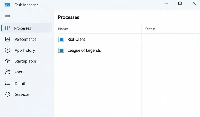 ตัวอย่างภาพแสดงกระบวนการทำงานในตัวจัดการงานของ Windows ซึ่งแสดงรายการ Riot Client และ League of Legends