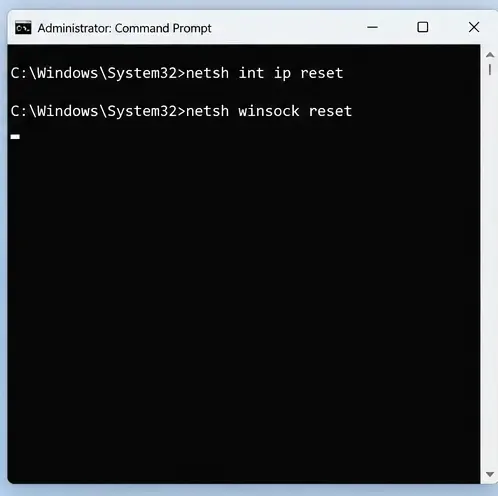 หน้าต่าง Command Prompt ของผู้ดูแลระบบแสดงคำสั่งรีเซ็ต TCP/IP และรีเซ็ต Winsock