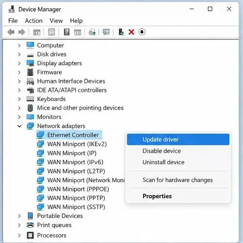 รายการอะแดปเตอร์เครือข่ายใน Device Manager โดยเลือกตัวเลือก "อัปเดตไดรเวอร์" สำหรับตัวควบคุมอีเธอร์เน็ต