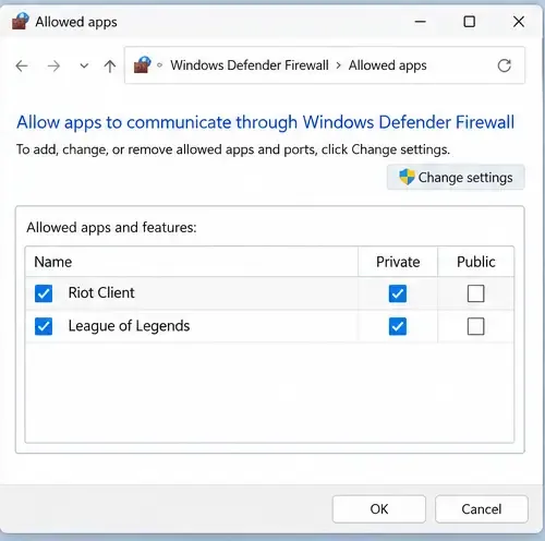 หน้าแอปที่อนุญาตของ Windows Defender Firewall มีรายการ Riot Client และ League ที่เปิดใช้งานสำหรับเครือข่ายส่วนตัว