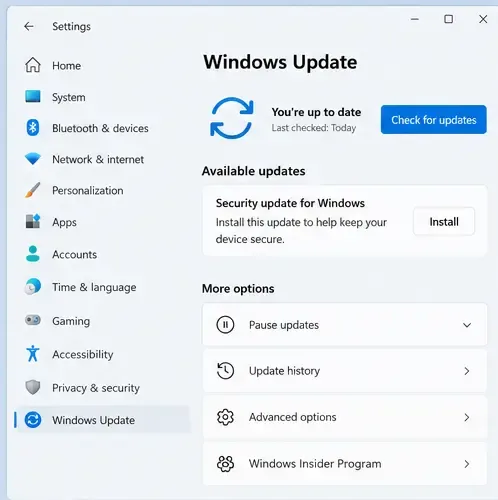 หน้าจอ Windows Update แสดงปุ่มตรวจสอบการอัปเดตและการอัปเดตความปลอดภัยที่มีอยู่