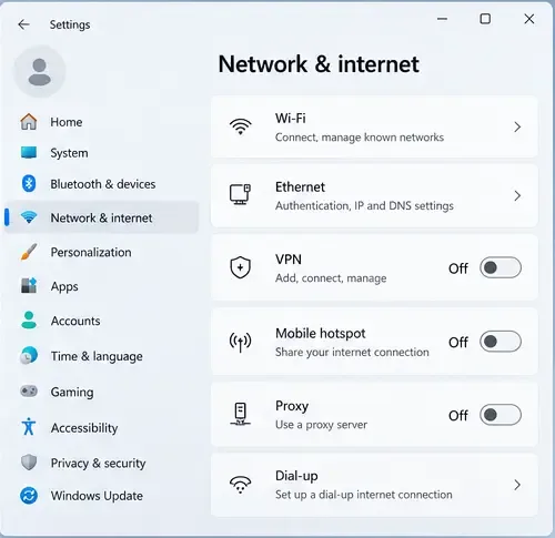 การตั้งค่าเครือข่ายและอินเทอร์เน็ตของ Windows โดยปิดใช้งาน VPN และพร็อกซี