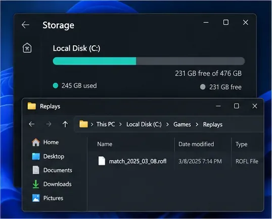 A Windows storage view beside a Replays folder containing a .rofl file
