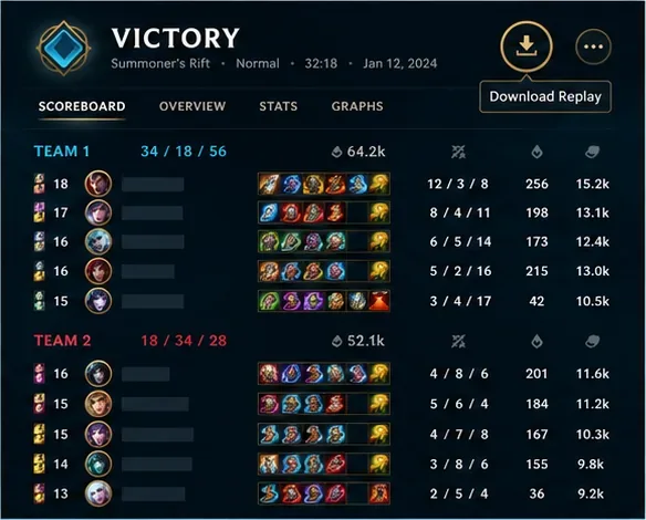 A post-match scoreboard with a Download Replay control at the upper right