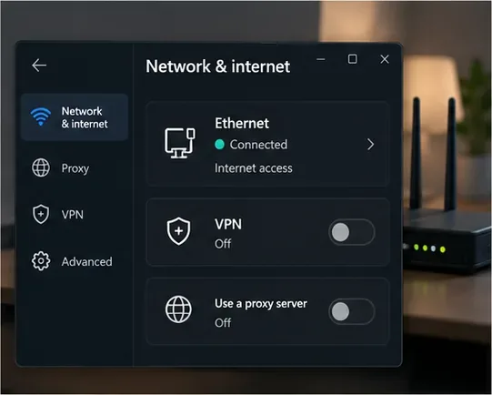 Windows Network and Internet settings showing Ethernet connected with VPN and proxy toggles off