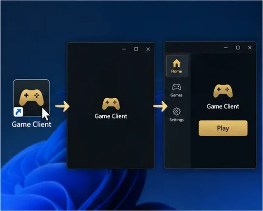 A generic game client shown closed and then reopened from its desktop shortcut