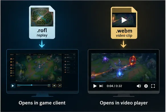 A .rofl replay file linked to a game client and a .webm video clip linked to a video player