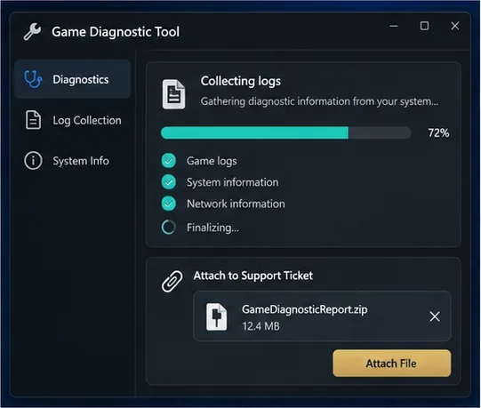 A game diagnostic utility collecting logs and showing a ZIP report attached to a support ticket