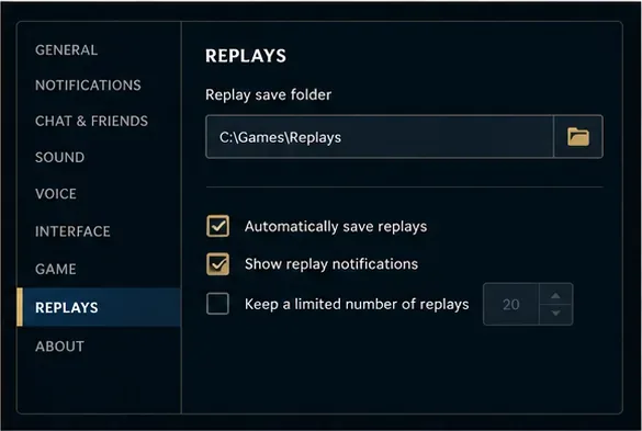 A client settings panel with Replays selected and a replay save-folder field