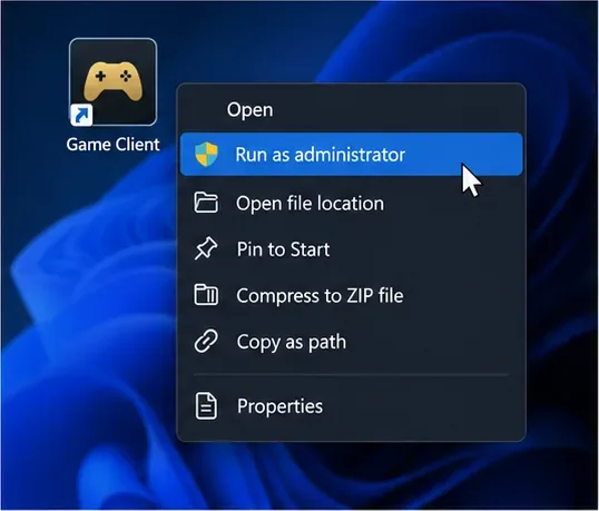 A Windows context menu with Run as administrator highlighted for a game client shortcut
