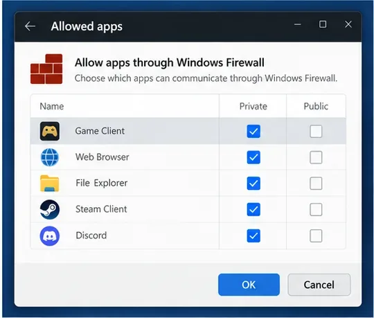 A Windows Firewall allowed-apps list with a generic game client enabled on a private network