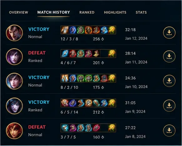 A Match History list with download controls aligned to match rows