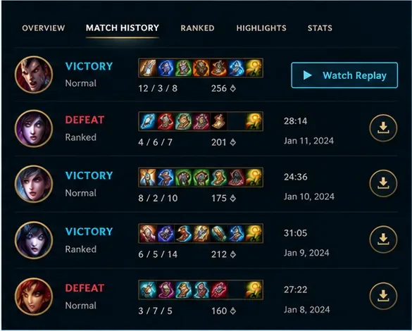 A Match History row showing the Watch Replay button after a replay download