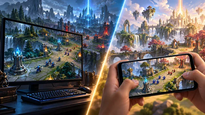 จอเกมมิ่งและคีย์บอร์ดวางอยู่ข้างโทรศัพท์ที่แสดงภาพการต่อสู้ในเลนแบบแฟนตาซี แสดงให้เห็นถึงการตั้งค่าการเล่นเกมบนพีซีและมือถือ