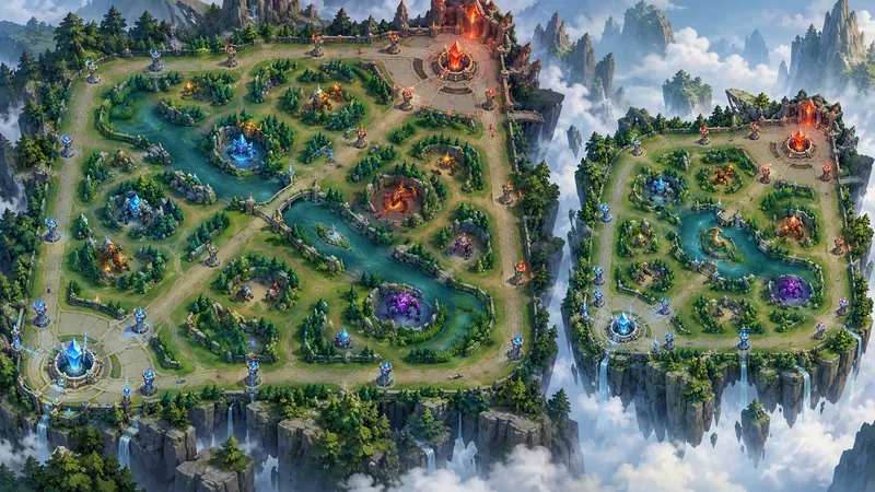 แผนที่เกม MOBA แนวแฟนตาซีสองแบบวางเคียงข้างกัน โดยแผนที่ด้านซ้ายเป็นแผนที่สามเลนขนาดใหญ่ และแผนที่ด้านขวาเป็นแผนที่สามเลนขนาดกะทัดรัดกว่า