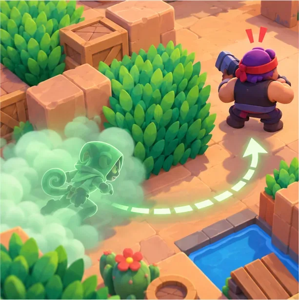 Leon moves through a cloud of smoke along a curved flank route toward an opponent.