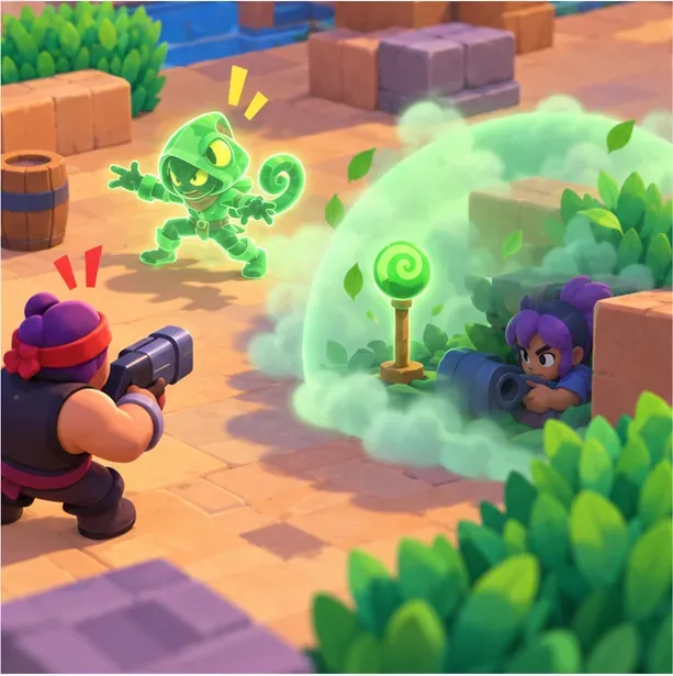 Leon and an ally use a lollipop-shaped stealth device while an opponent aims from outside the smoke.