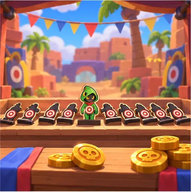 A conceptual shooting gallery shows Leon’s target standing among other brawler targets and gold Credit tokens.