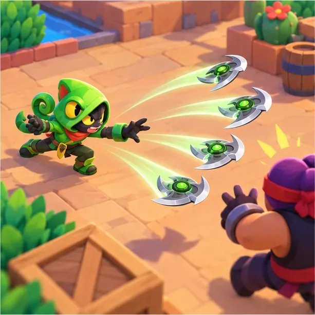 Leon throws four spinning blades toward an opponent across a bright arena lane.