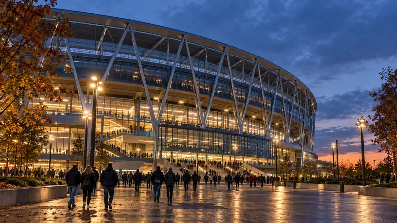 Een voetbalstadion met een glazen gevel, herfstbomen en supporters die bij schemering naderen.
