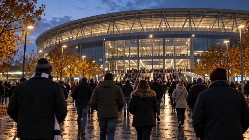 Supporters lopen op een herfstavond richting een voetbalstadion met een glazen gevel.