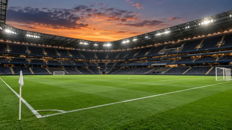 Een leeg voetbalstadion met een groen veld en verlichte tribunes onder een oranje schemerhemel.