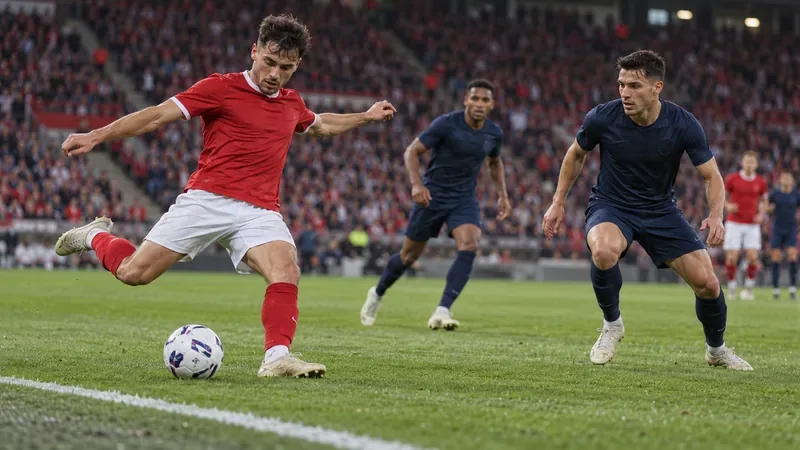 Een speler in een rood shirt maakt zich klaar om de bal te spelen vlakbij de zijlijn, terwijl verdedigers in donkerblauwe shirts hem omsingelen.