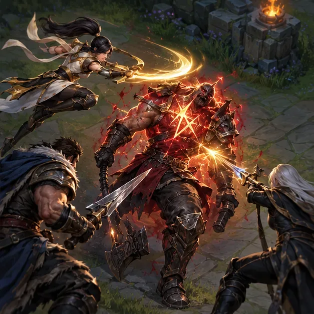 An empowered blade strike lands on a single armored opponent as allies converge.