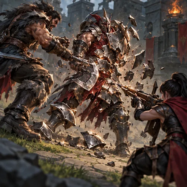 A bruiser breaks armor plates from a frontline target while an archer aims.