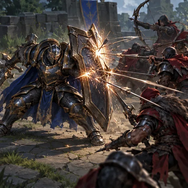 An armored frontline fighter braces behind a shield as arrows strike the armor.