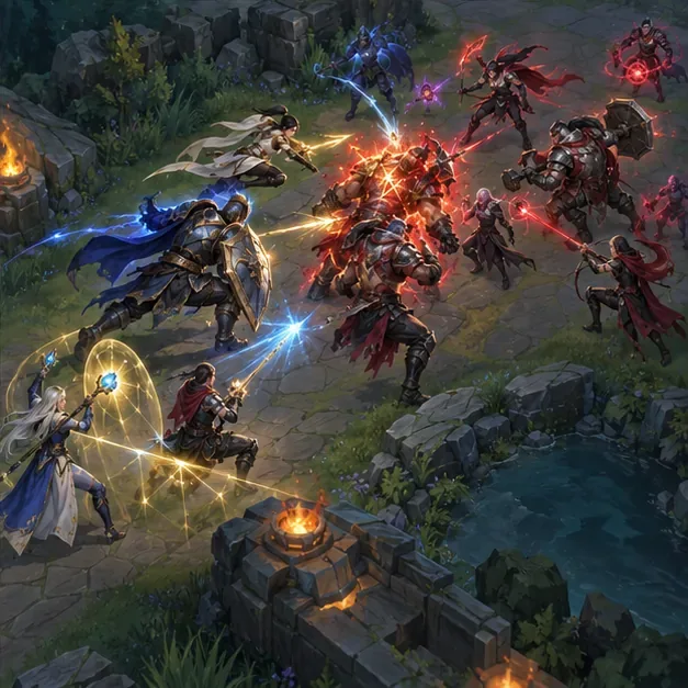 A coordinated fantasy teamfight shows several allies focusing the same frontline enemy.