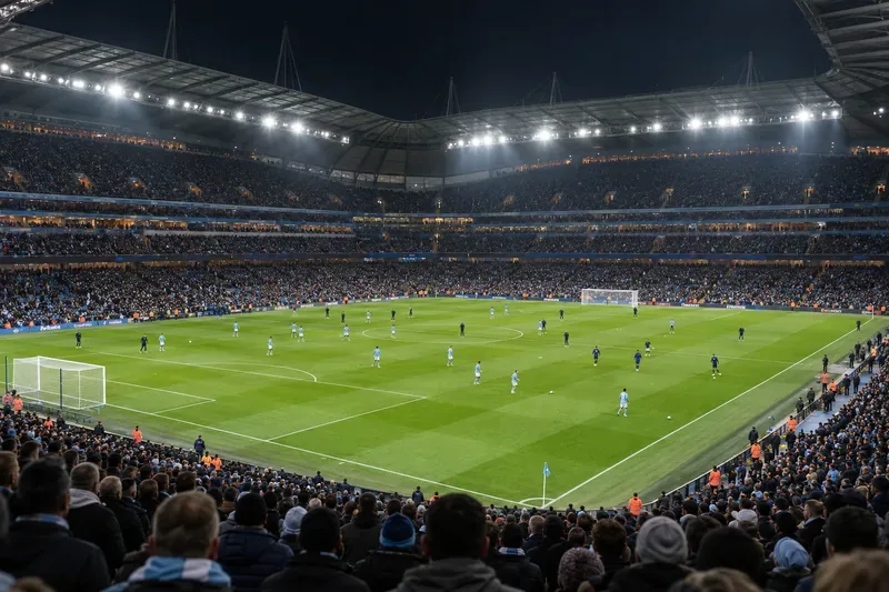 Een volgepakt voetbalstadion met een felgroen veld onder rijen nachtelijke verlichting.