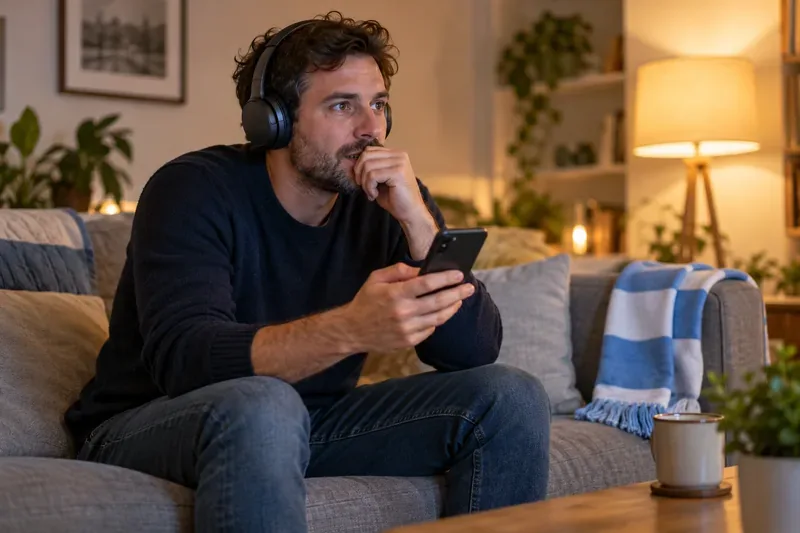 Een voetbalfan met een koptelefoon op volgt thuis het audiocommentaar op zijn smartphone.
