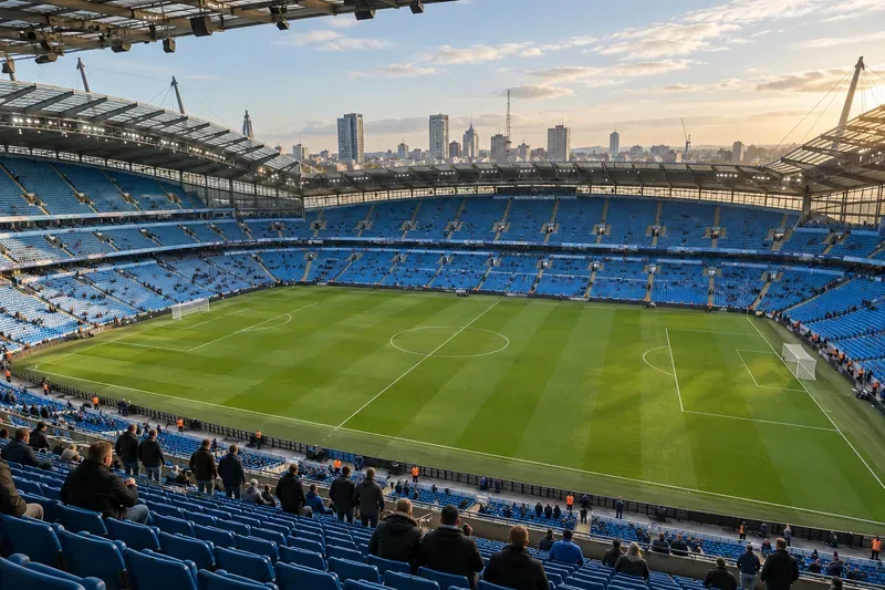 Een breed groen voetbalveld omringd door blauwe stadiontribunes.