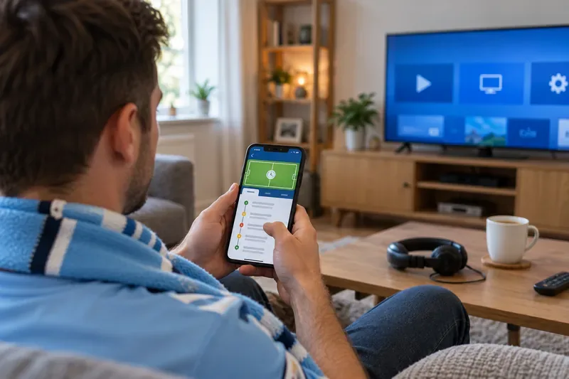 Een voetbalfan met een blauwe sjaal bekijkt live wedstrijdupdates op een smartphone, zittend naast een televisie met koptelefoon.