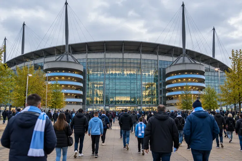 Supporters met blauwe sjaals lopen over een in de herfstkleuren gehuld plein richting een groot, modern voetbalstadion met een glazen gevel en hoge dakconstructie.