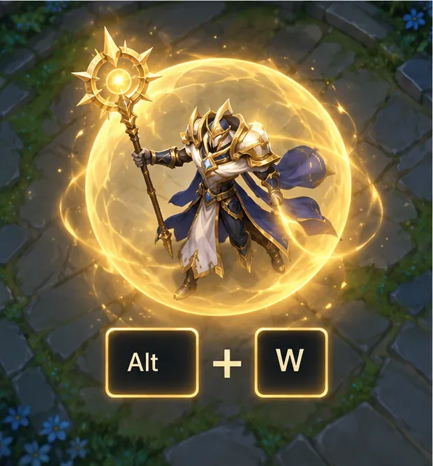 A single champion enclosed in a bright shield beside Alt plus W, illustrating a self-cast input.