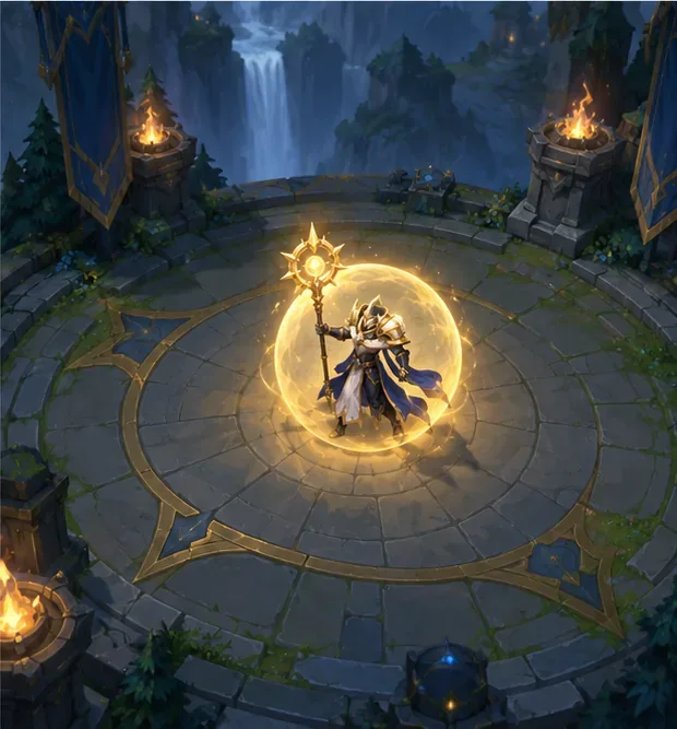 A champion testing a shield effect alone in a quiet practice arena.