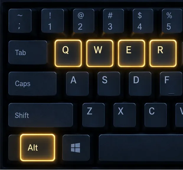 ALT and Q, W, E, and R keys illuminated on a keyboard to show the self-cast modifier combinations.