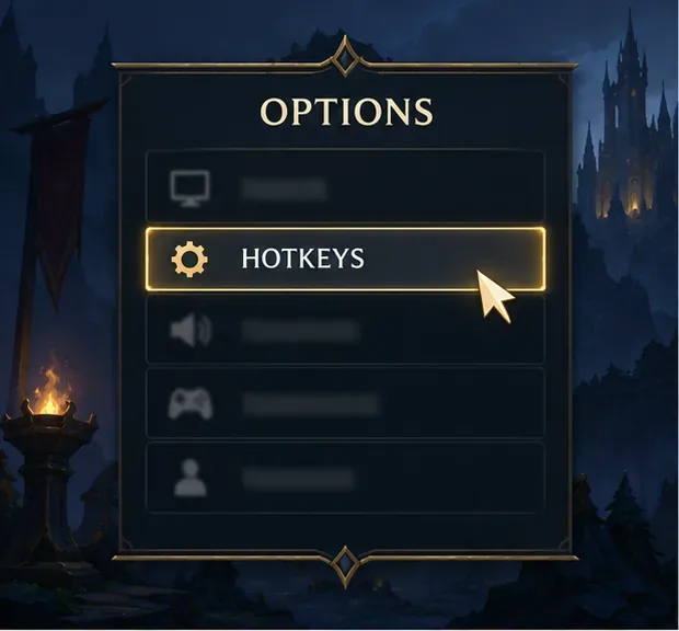 Illustrative dark Options panel with Hotkeys highlighted and a cursor pointing to the setting.