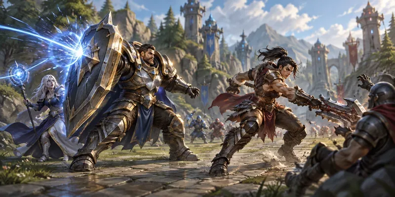 A heavily armored frontline champion blocks a spell while a mobile fighter attacks beside him