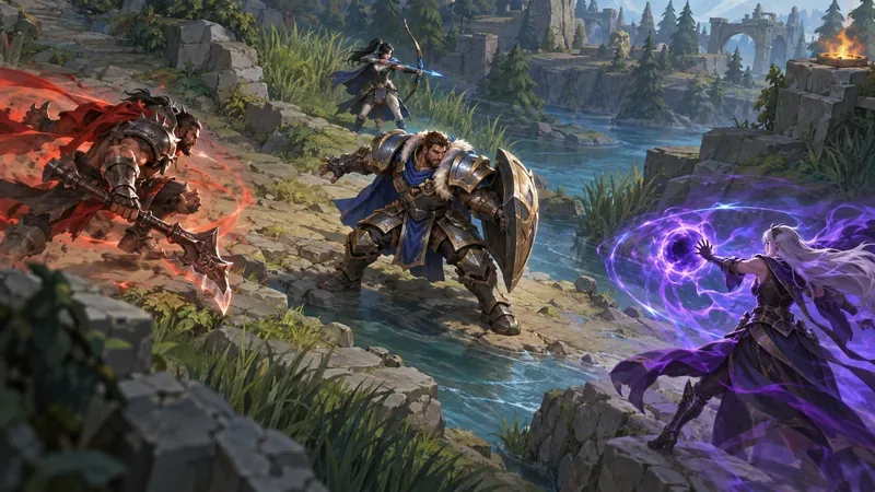 A frontline defender stands between a red physical attacker and a purple spellcaster while an ally stays behind