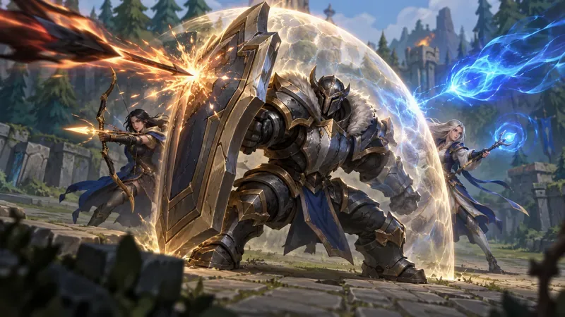 A shield-bearing tank protects two allies from a physical projectile and a blue magical blast