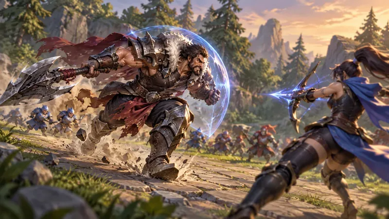 A mobile melee fighter charges toward a ranged opponent while a faint protective barrier absorbs a counterattack