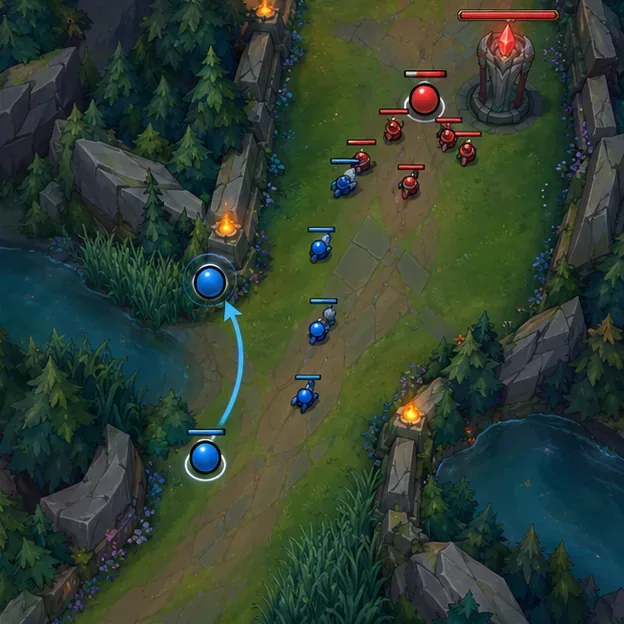 A blue mid laner approaches the river from mid while red and blue minions meet near a red turret.