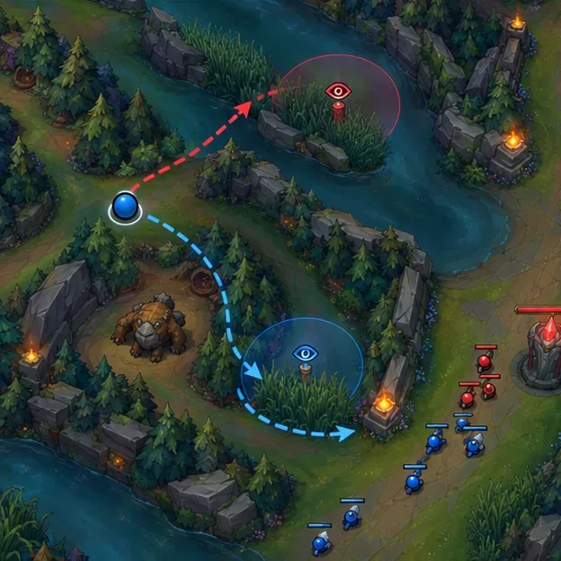 A bot-side map shows an enemy ward in the river brush and a safer blue route through allied jungle.