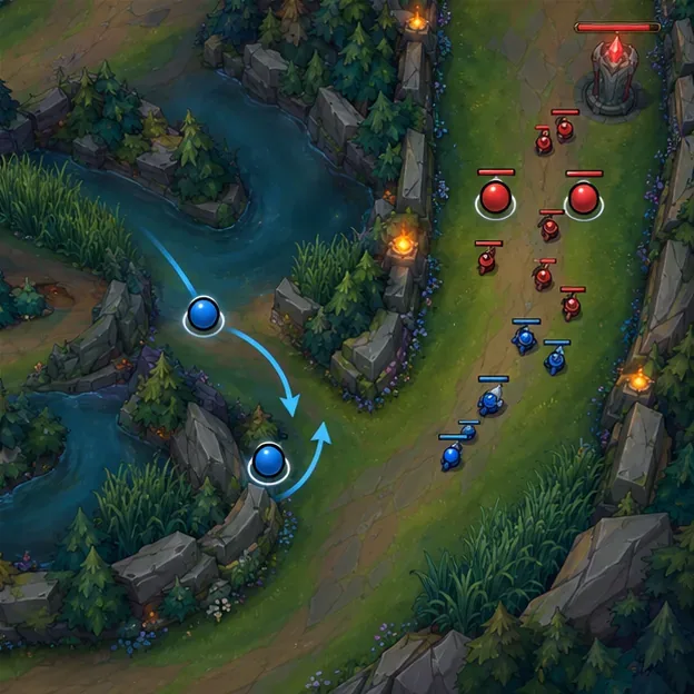 A blue mid laner approaches bot through the lower jungle as two red champions push forward.