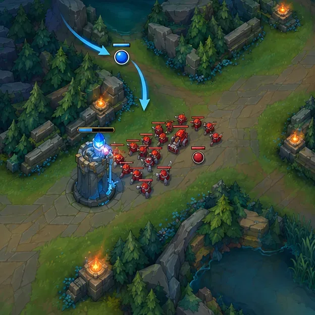 A large red minion wave gathers at the blue mid turret as the blue champion returns.